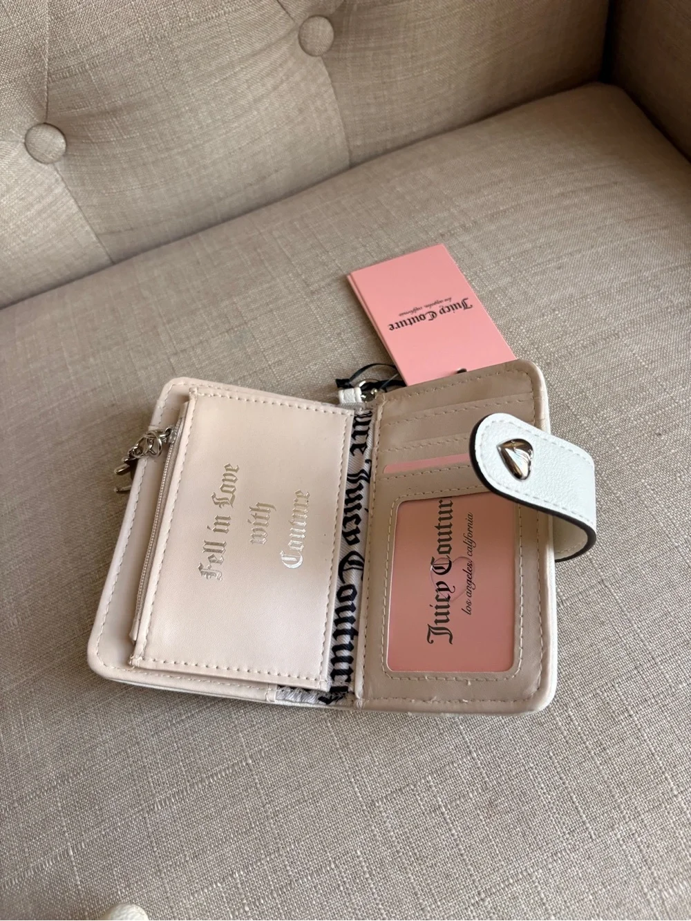 Juicy Couture Cream and White Mini Card Wallet with Heart Snap